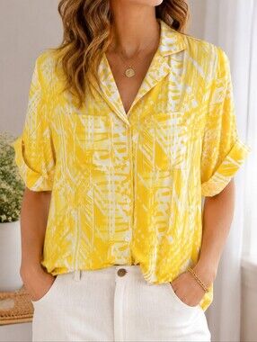 Chagall Yellow Abstract Print Button Front Blouse Retro Art Shirt Size 16